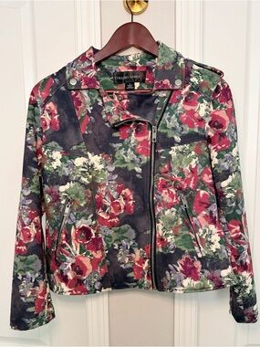 Colleen Lopez Floral Moto Jacket - Black with Red & Green Floral